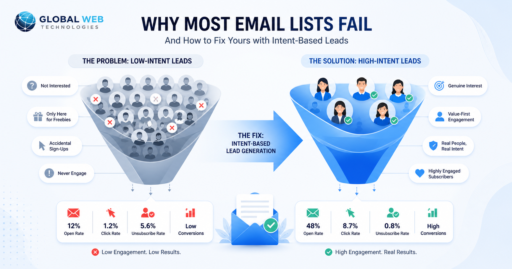 Email list performance comparison showing low vs high intent subscribers